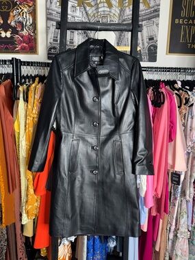 BGSD Amber Lambskin Leather Long Trench Coat Black Button Front Belted New NWT